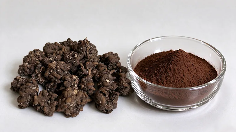 Cat's claw raw herb tubers and brown fine cat's claw extract powder in glass bowl, bulk botanical raw material for industrial supply