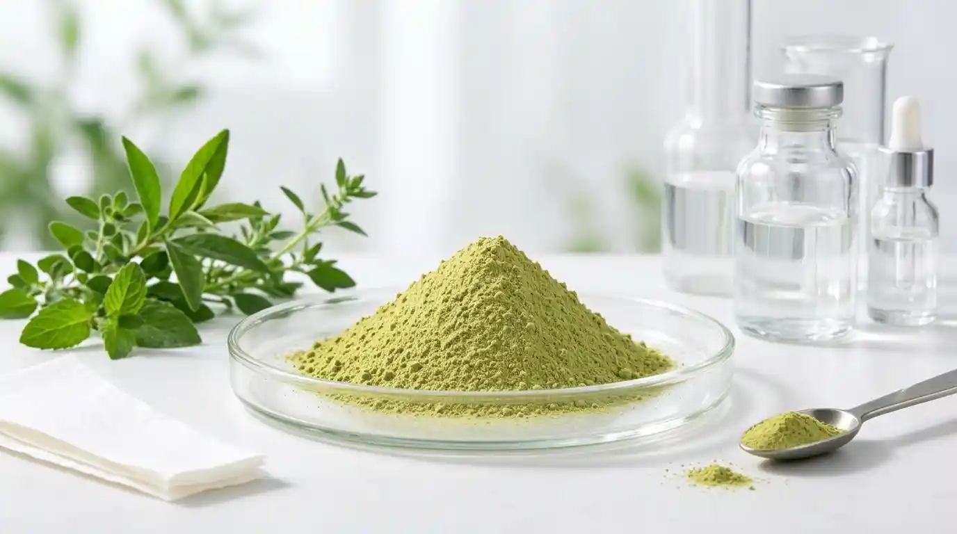 Natural plant extract powder in petri dish, botanical raw material