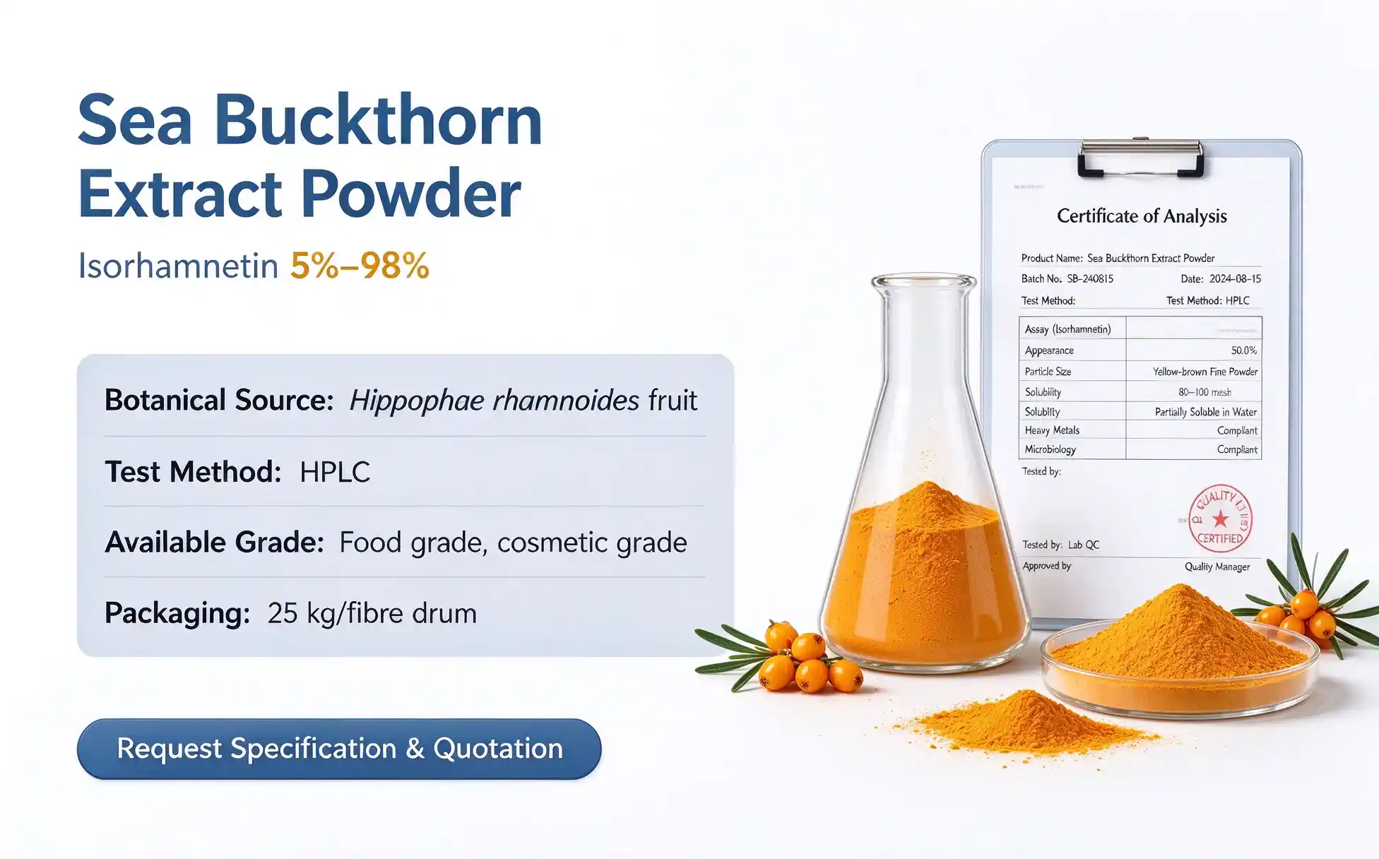 Sea Buckthorn Extract Powder Isorhamnetin 5%-98%, Hippophae rhamnoides fruit extract food cosmetic grade raw material